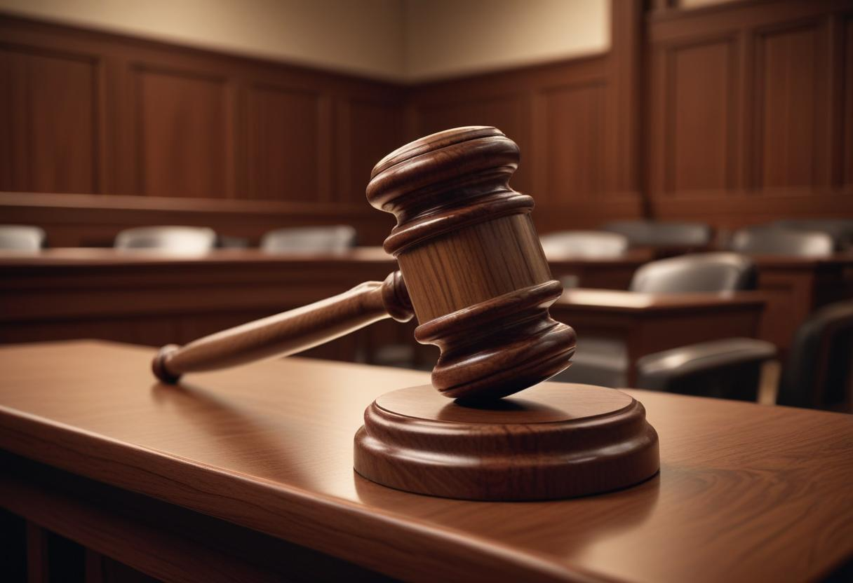A wooden gavel resting on a sound block in a dimly lit courtroom, late evening, shadows emphasising the wood grain.