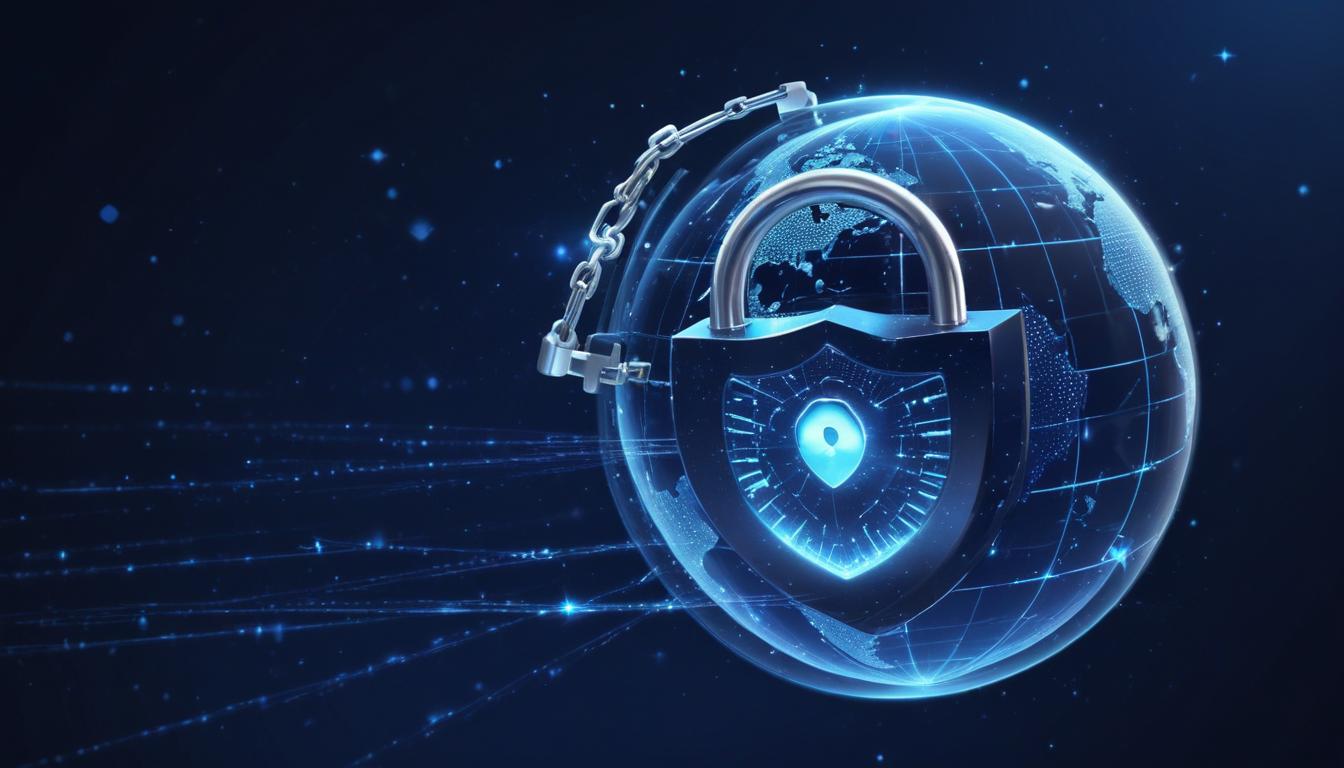 A digital illustration of a futuristic, holographic padlock hovering over a globe, representing global website security, with a dark blue background and sparkling stars.
