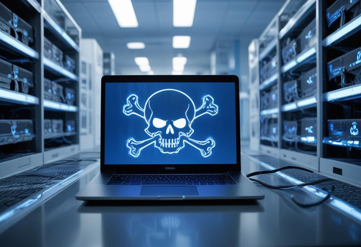A sleek, modern laptop screen glows with a skull and crossbones symbol in a sterile, white-walled server room. The cool blue light from the server racks reflects off the screen, highlighting the stark contrast. Cables snake across the floor, and the air hums with the sound of cooling fans.