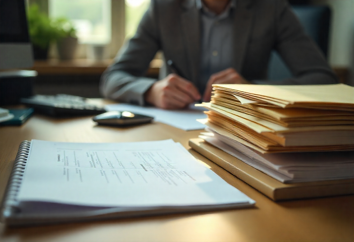 Paperwork, files and folders on a desk in an office.