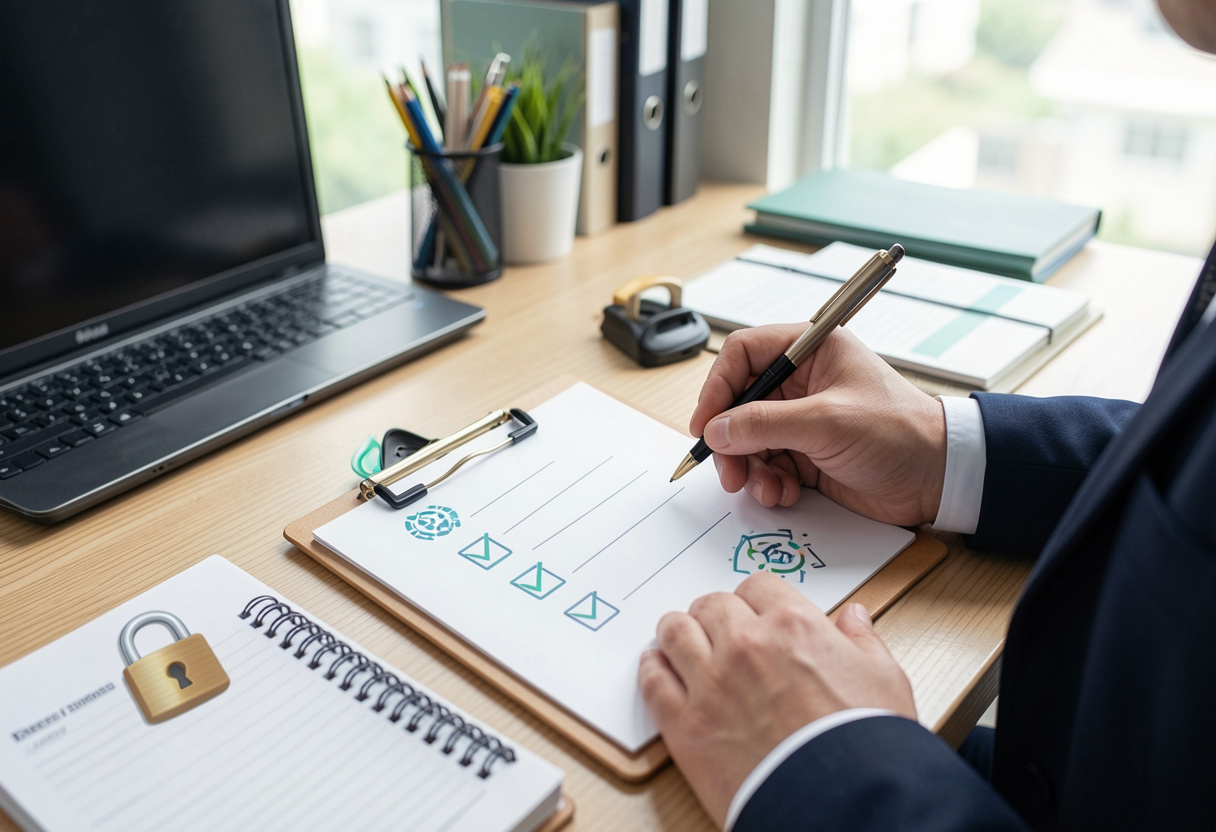 A person in an office checking items off a checklist, small padlock image beside clipboard indicating cybersecurity, tidy workspace