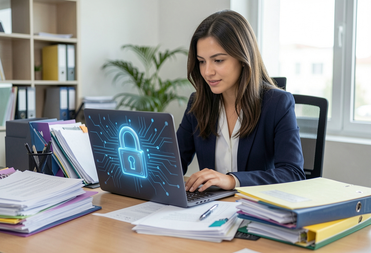 Woman in an office using a laptop. Paperwork, files and folders are on a desk and there is an image of a padlock on the laptop screen to represent cyber security.